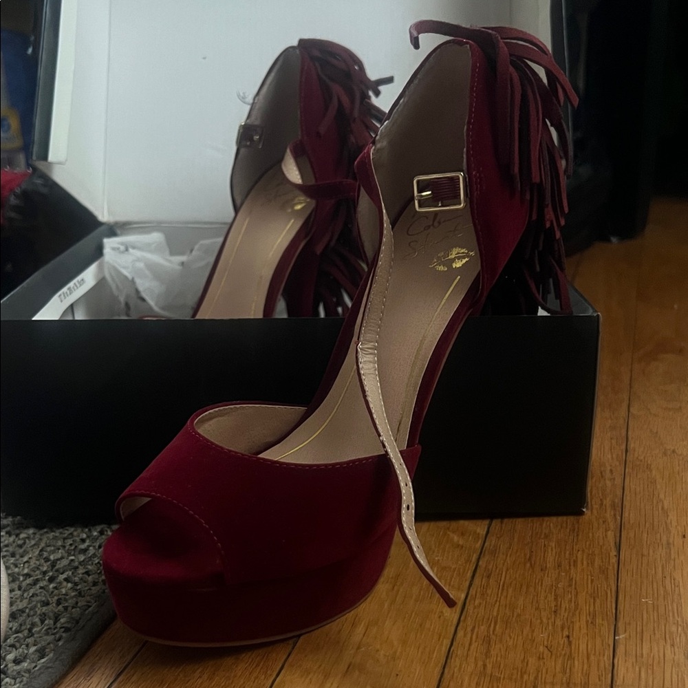 Colin Stuart Burgundy Fringe Peep-Toe Heels
